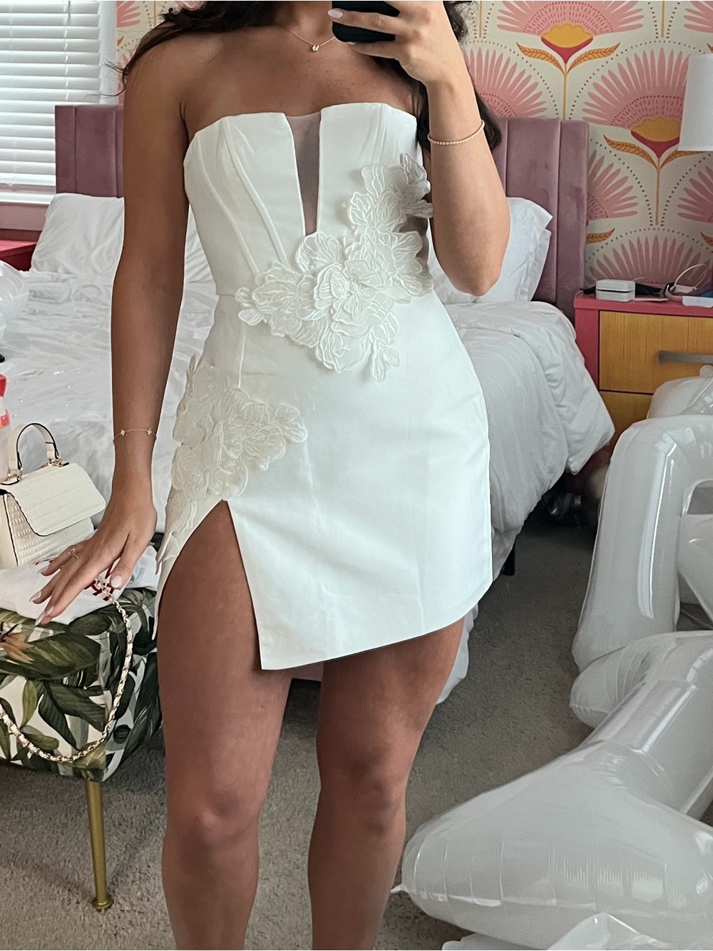 Showpo White Strapless Mini Dress with Appliqué and Side Slit